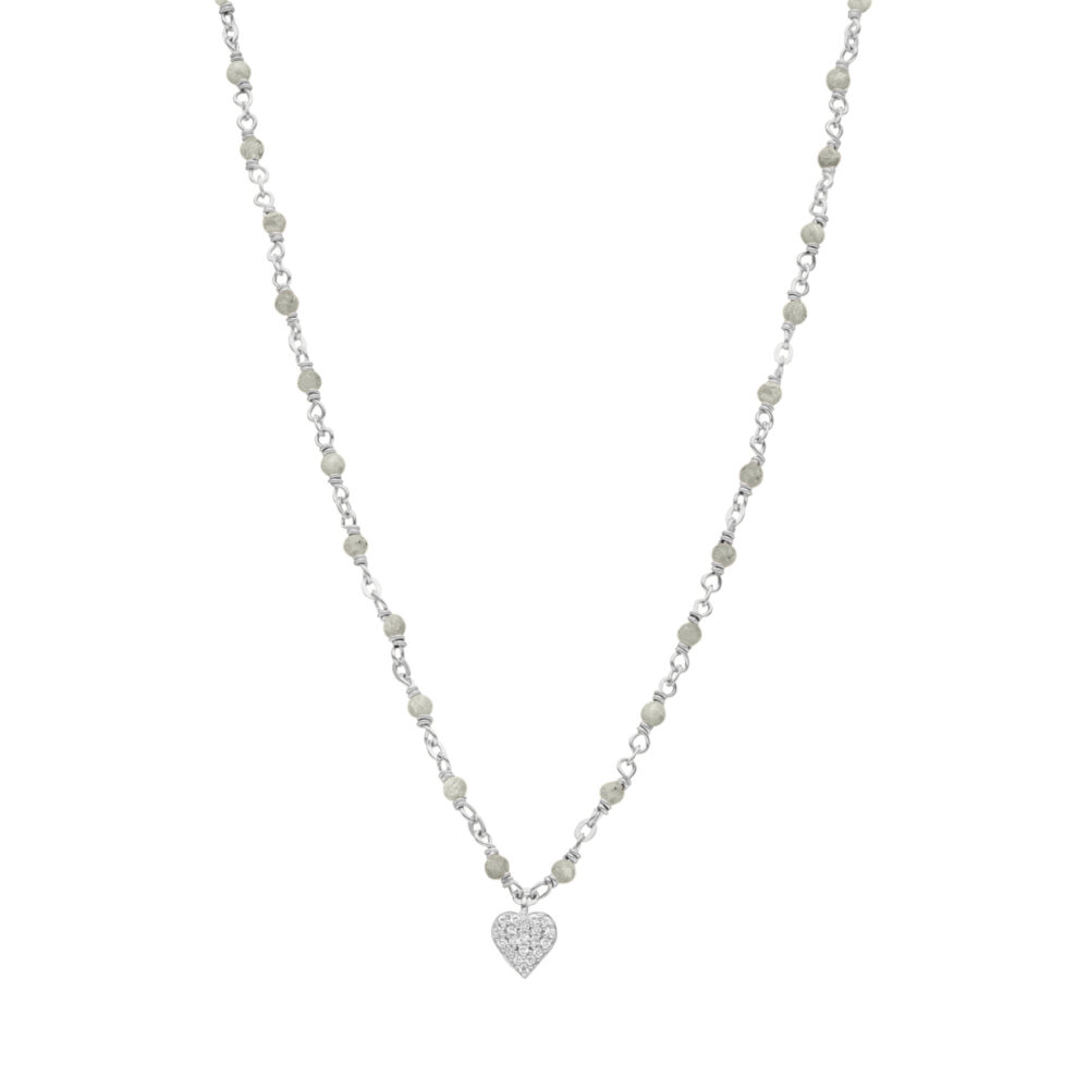 Collier argent rhodié cœur diamanté et pierres labradorite