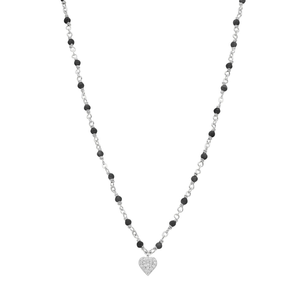 Collier argent rhodié cœur diamanté et pierres spinelle noire