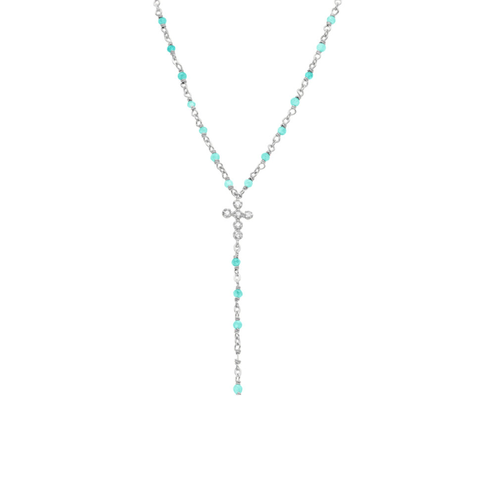 Collier argent rhodié cravate croix et pierres amazonite