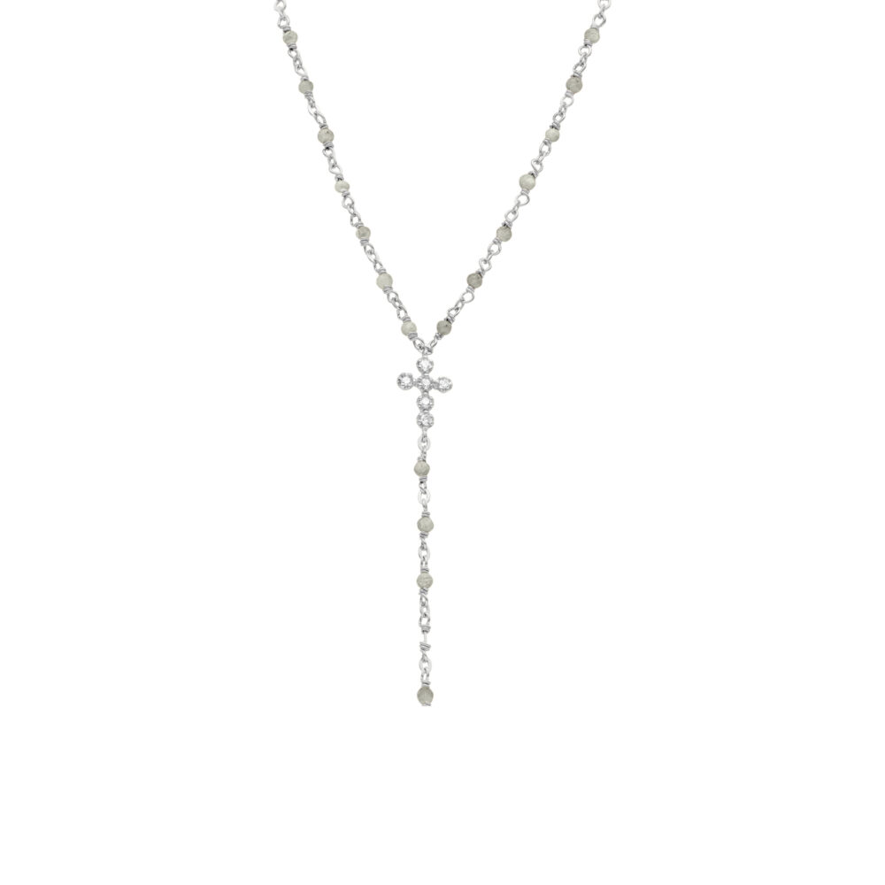 Collier argent rhodié cravate croix et pierres labradorite