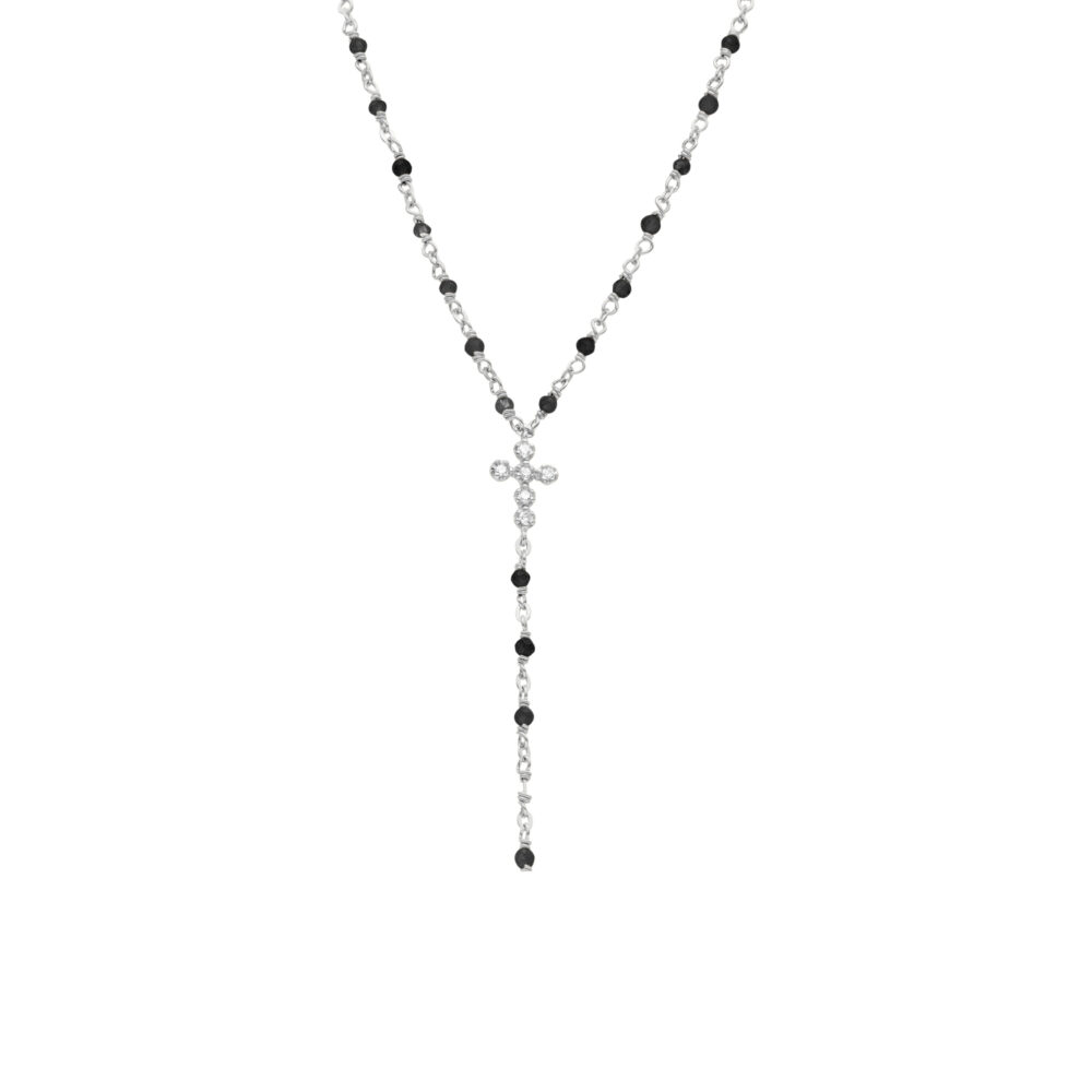 Collier argent rhodié cravate croix et pierres spinelle noire