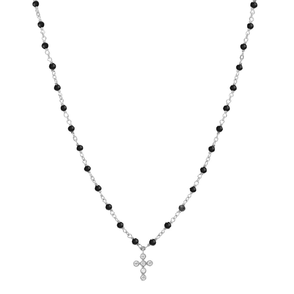 Collier argent rhodié croix en zirconium blanc et pierres Spinelle noires