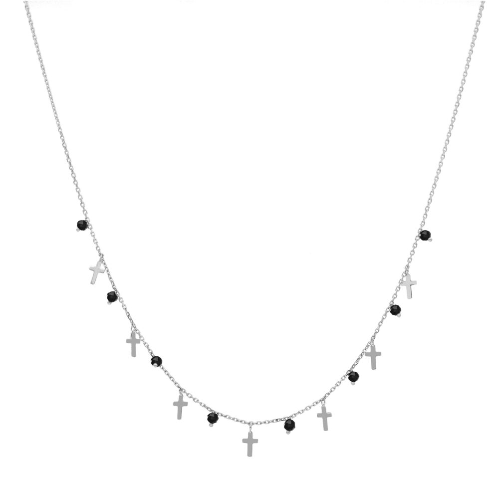 Collier argent rhodié croix et pierres naturelles Spinelle noires