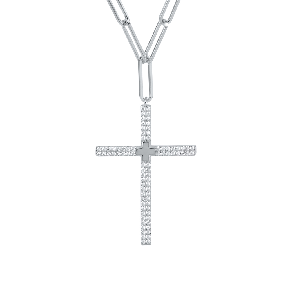 Collier argent rhodié croix sertie de zirconiums blanc – Image 2