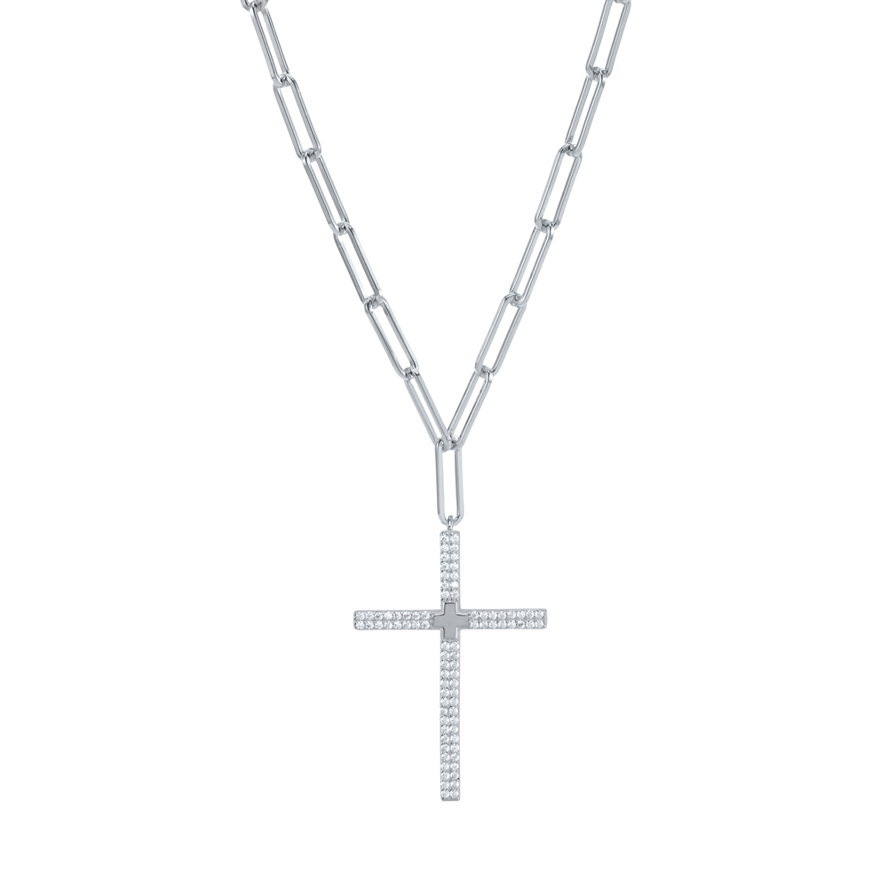 Collier argent rhodié croix sertie de zirconiums blanc