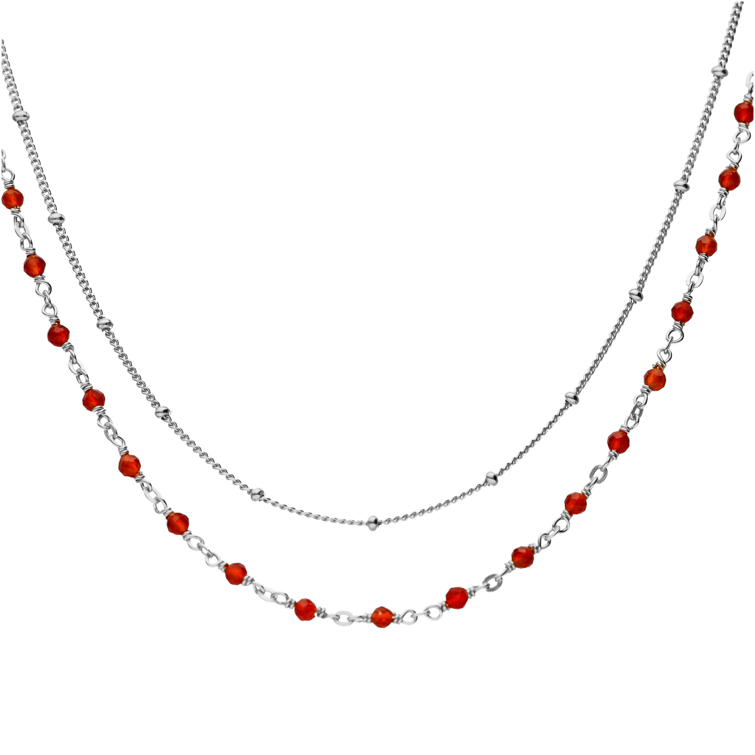 Collier argent rhodié double chaine et pierres naturelles onyx rouge
