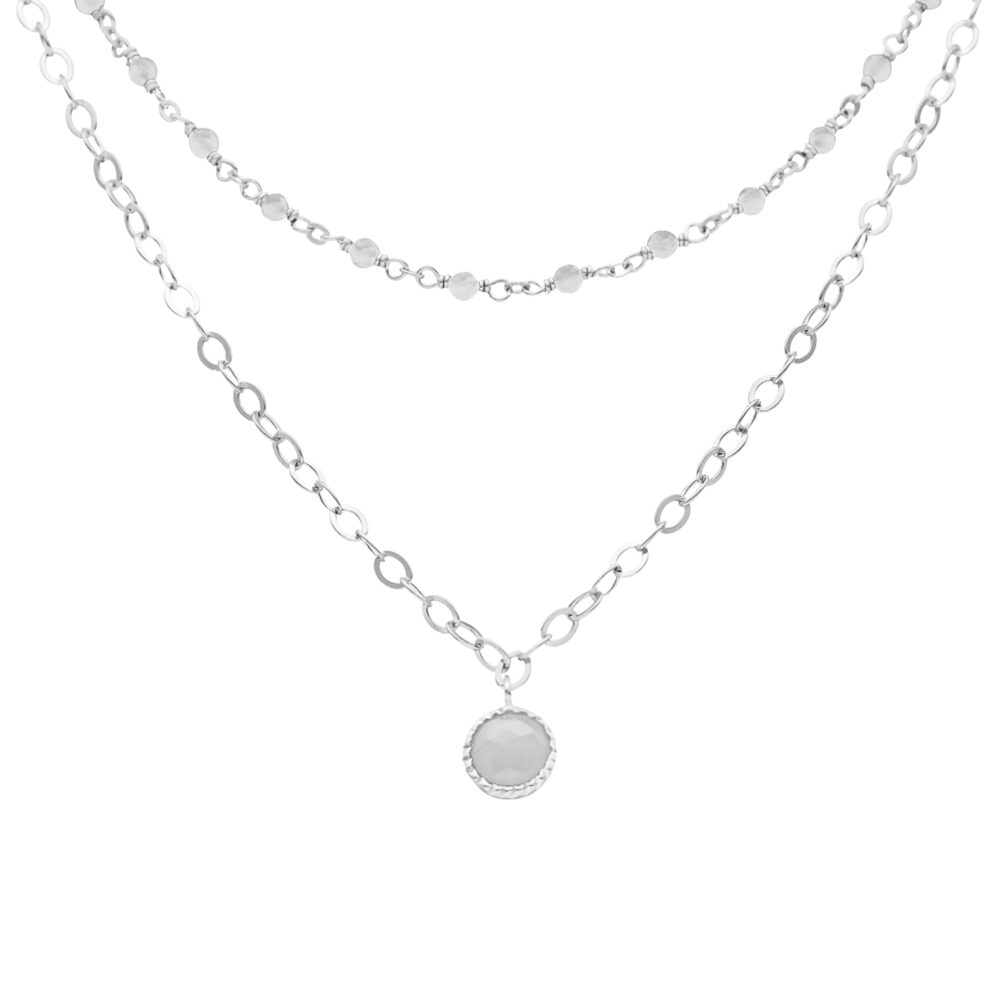 Collier argent rhodié double chaine pampille et pierres labradorite