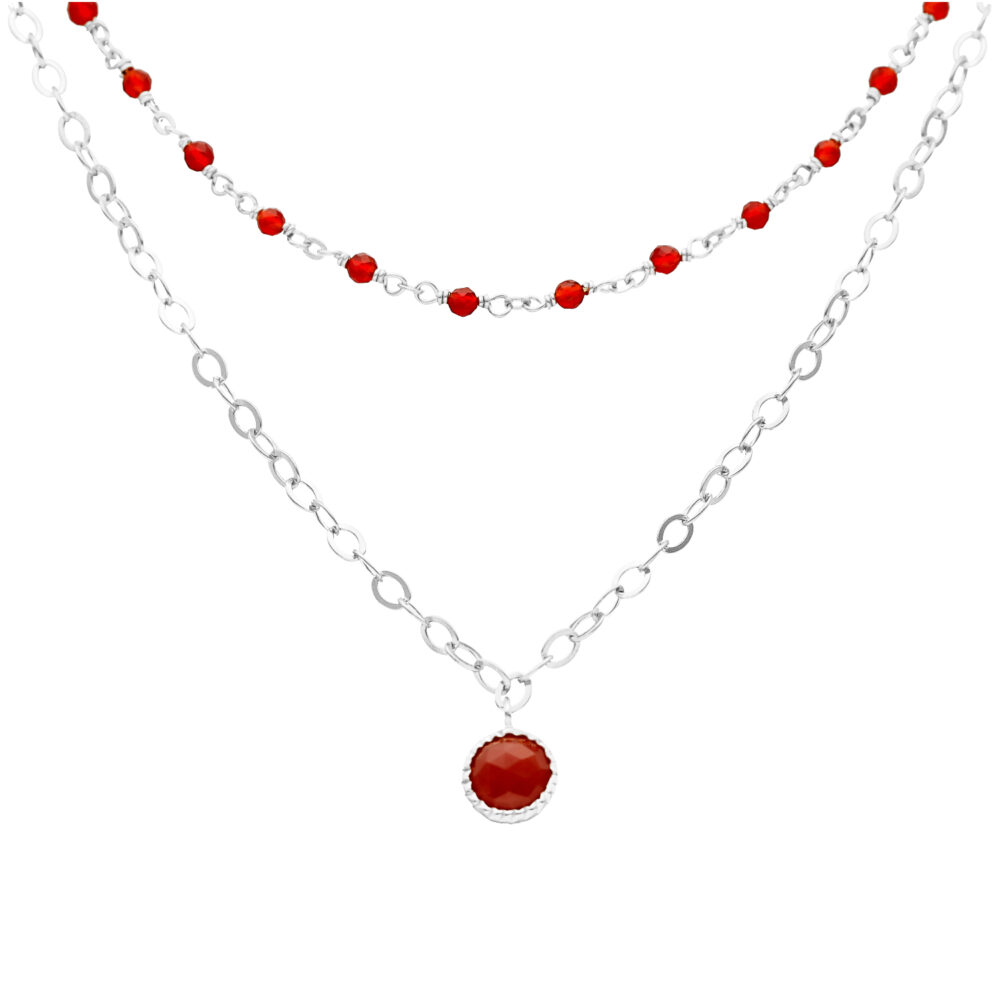 Collier argent rhodié double chaine et pierres naturelles onyx rouge