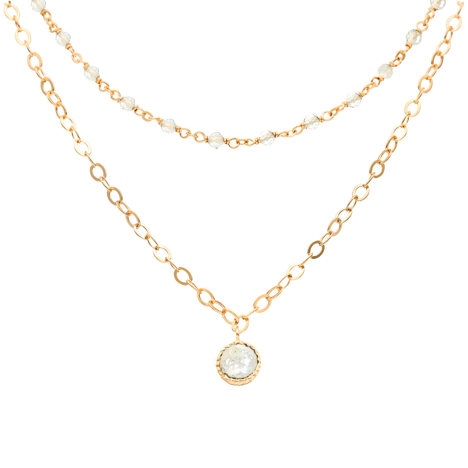 Collier argent doré double chaine pampille et pierres de lune naturelles blanche