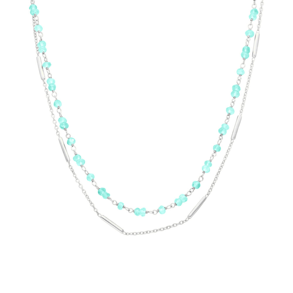 Collier argent rhodié doubles chaînes barrettes et perles naturelles amazonite