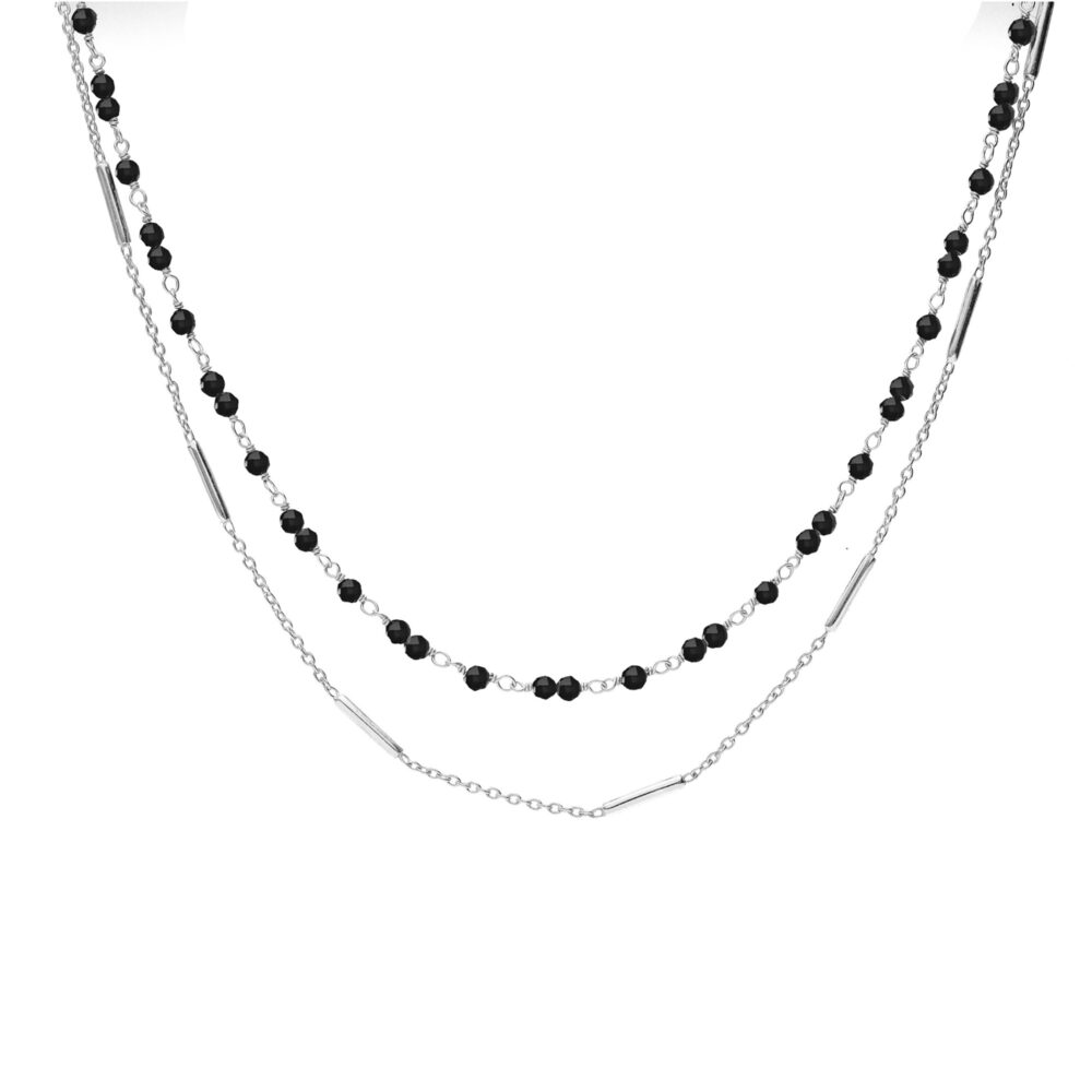 Collier argent rhodié doubles chaînes barrettes et perles naturelles Spinelle noire