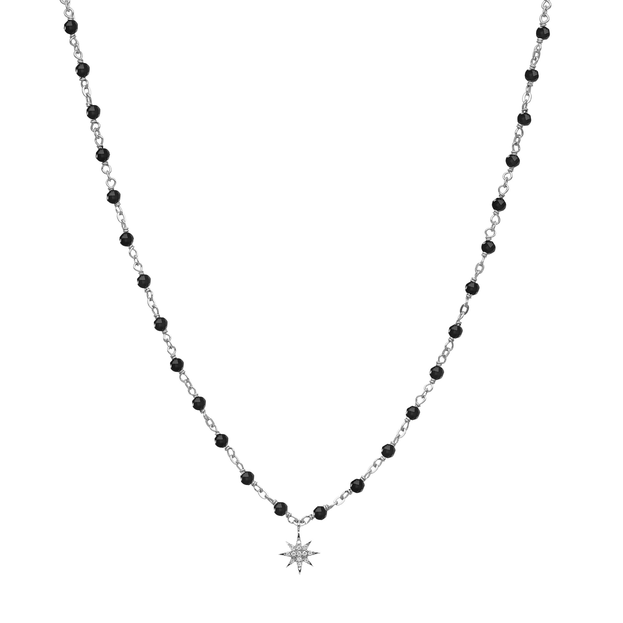 Collier argent rhodié étoile en zirconium blanc et pierres Spinelle noires