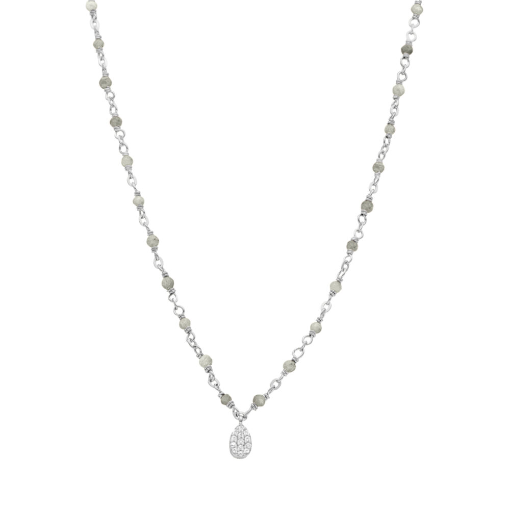 Collier argent rhodié goutte diamanté pierres naturelles labradorite