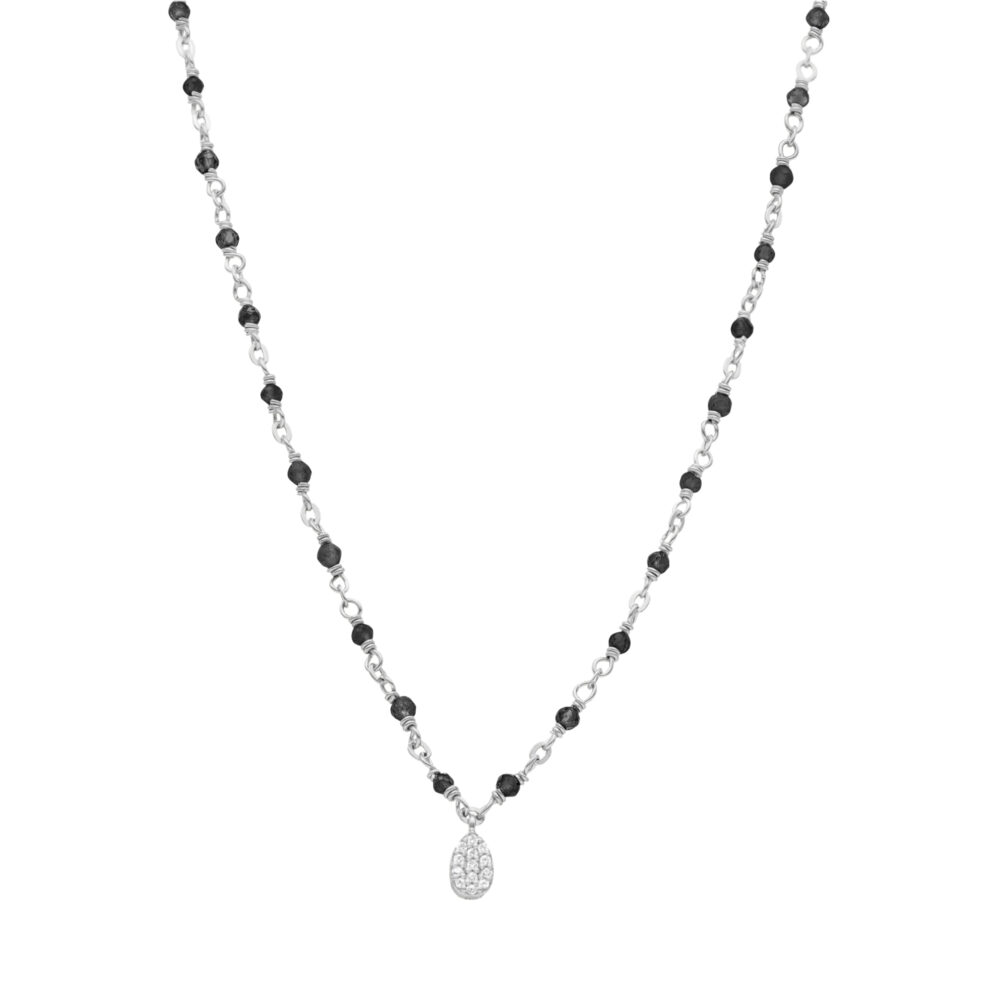 Collier argent rhodié goutte diamanté pierres naturelles spinelle noire