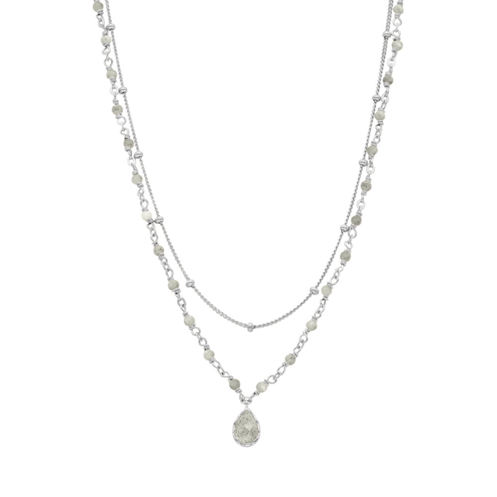 Collier argent rhodié goutte doubles chaînes pierres labradorite