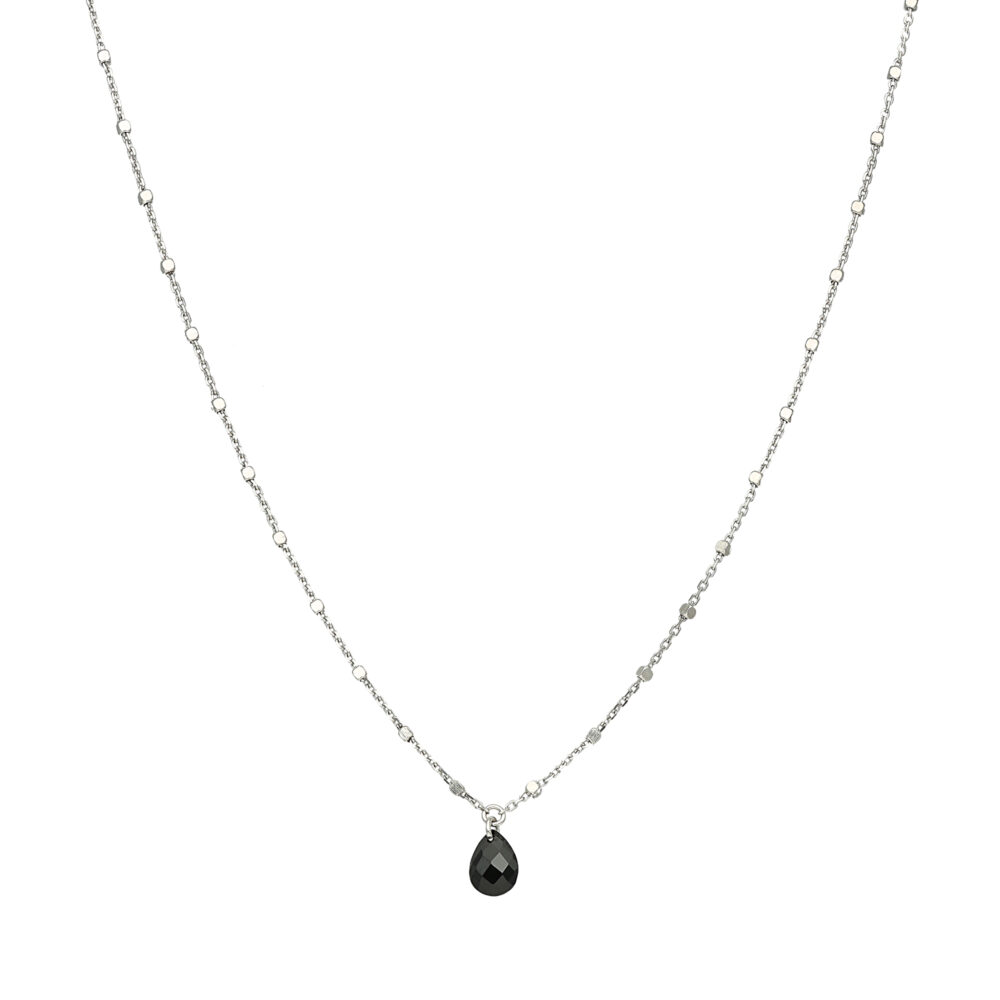 Collier argent rhodié goutte pierres naturelles spinelle noir