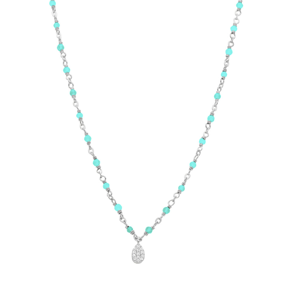 Collier argent rhodié goutte serti blanc pierres amazonite