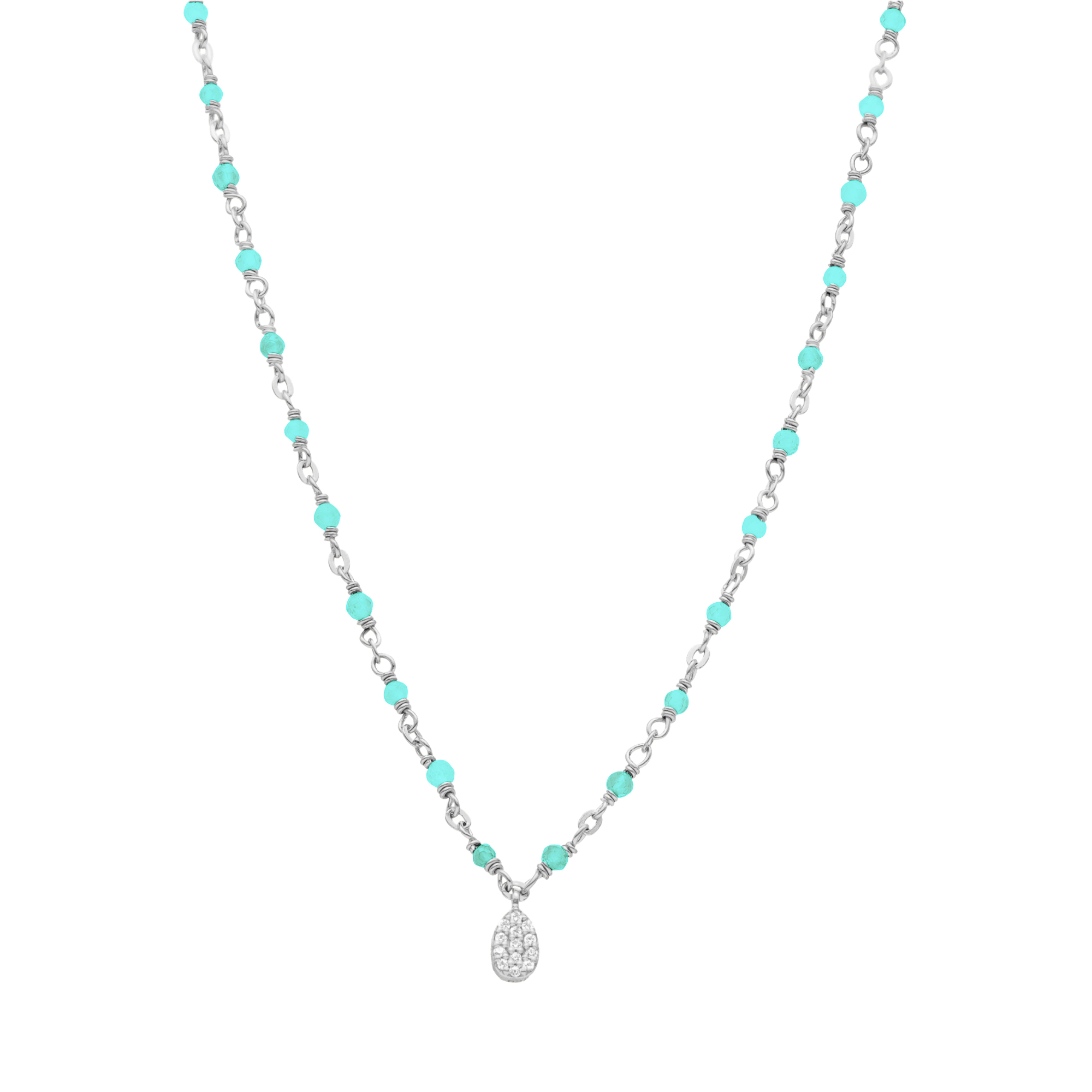 Collier argent rhodié goutte serti blanc pierres amazonite