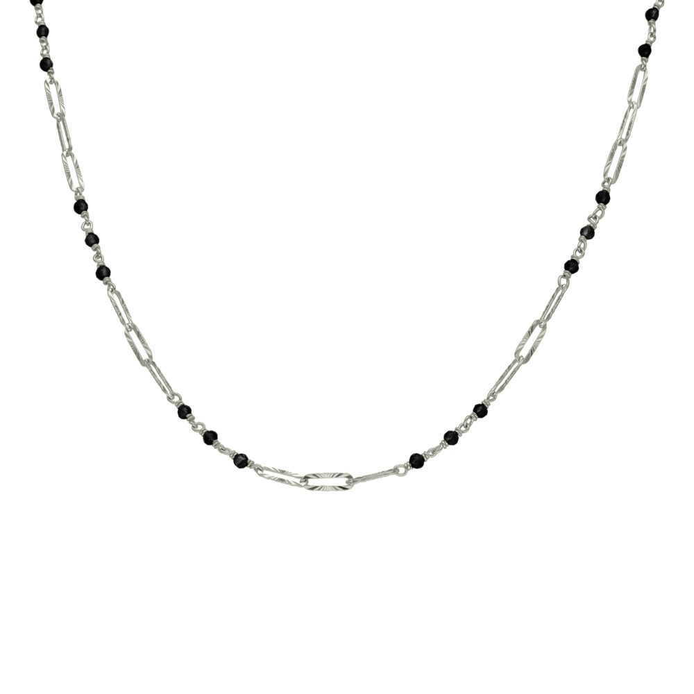 Collier argent rhodié maillon pierre spinelle noir