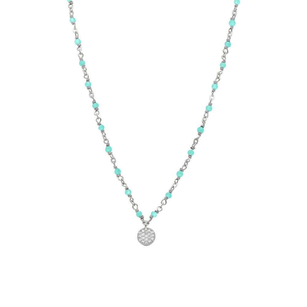 Collier argent rhodié médaillon serti blanc et pierres amazonite