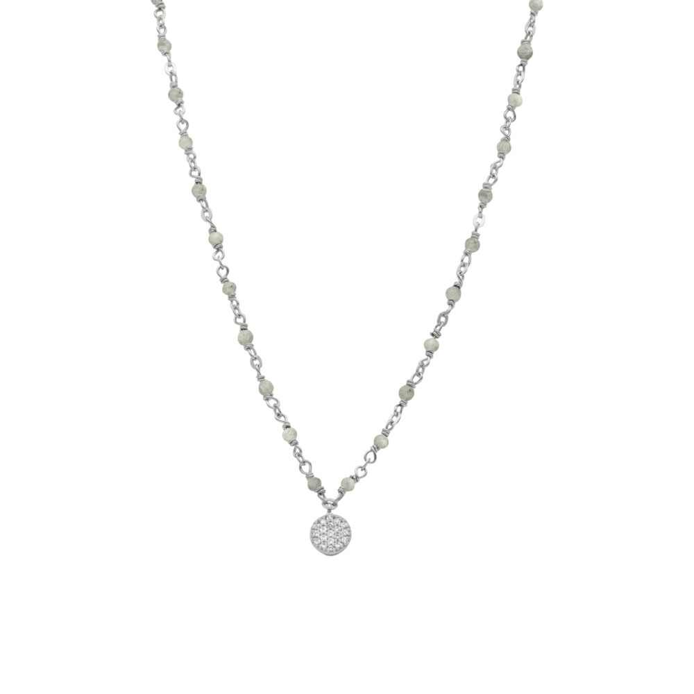Collier argent rhodié médaillon serti blanc et pierres labradorite