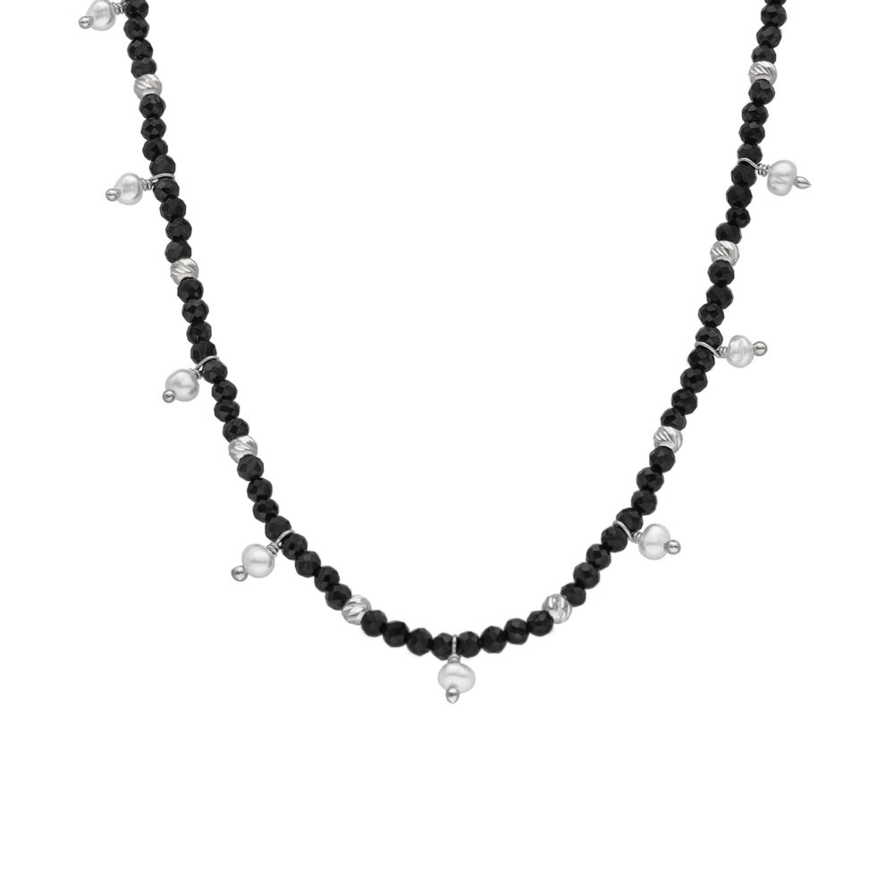 Collier argent rhodié pampille perle naturelle et spinelle noire