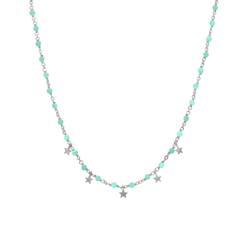 Collier argent rhodié pampilles étoiles et pierres amazonite