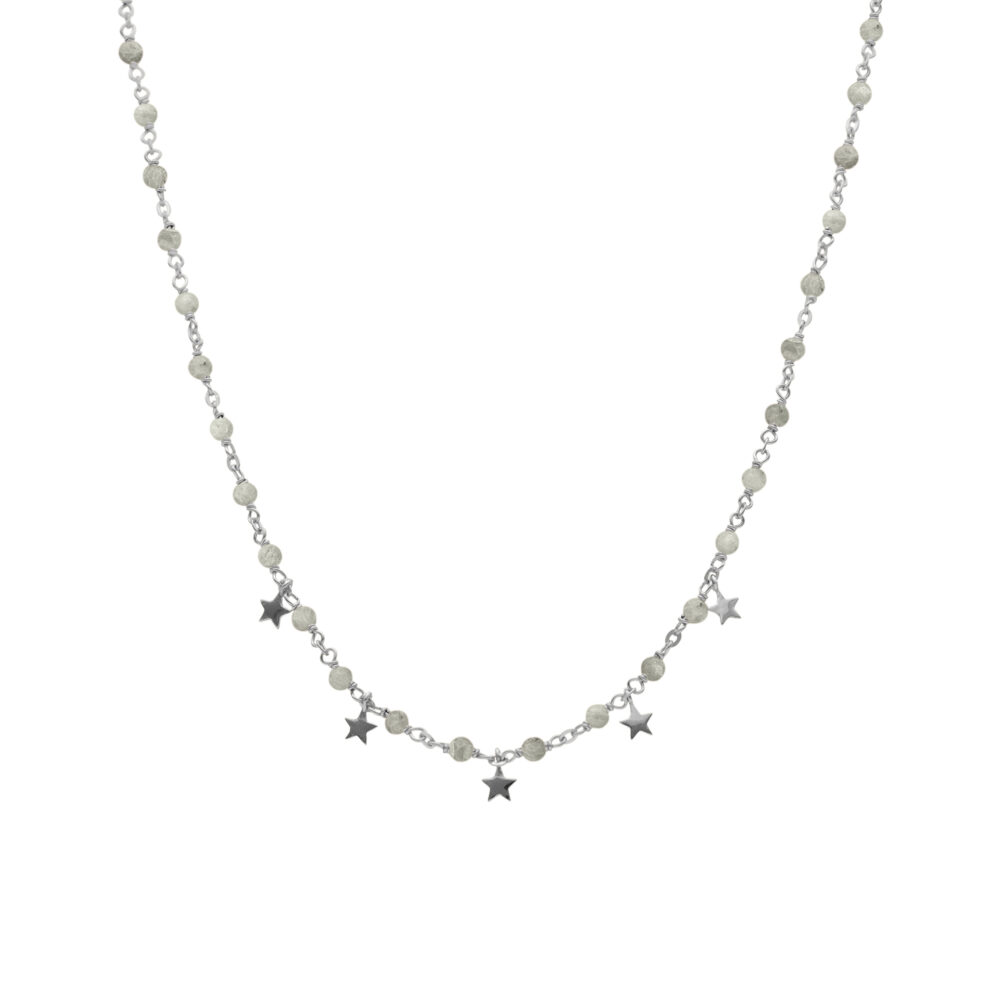 Collier argent rhodié pampilles étoiles et pierres labradorite