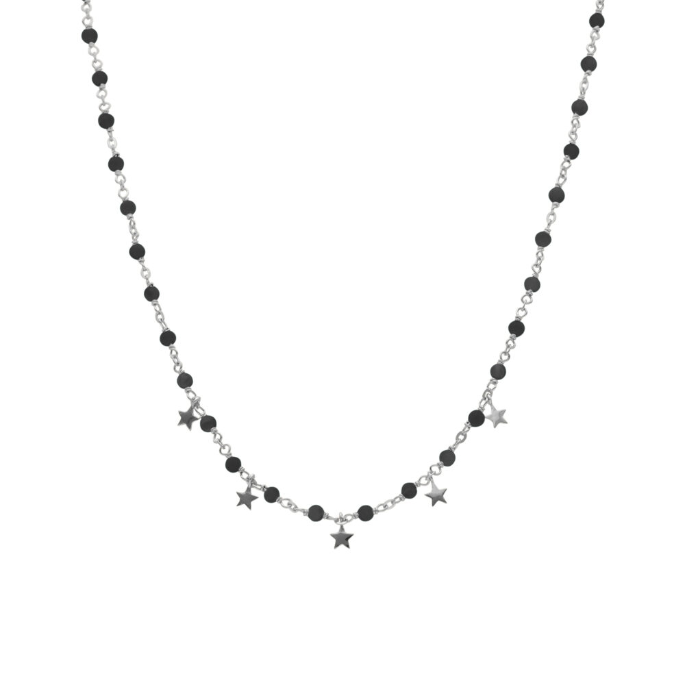 Collier argent rhodié pampilles étoiles et pierres spinelle noire