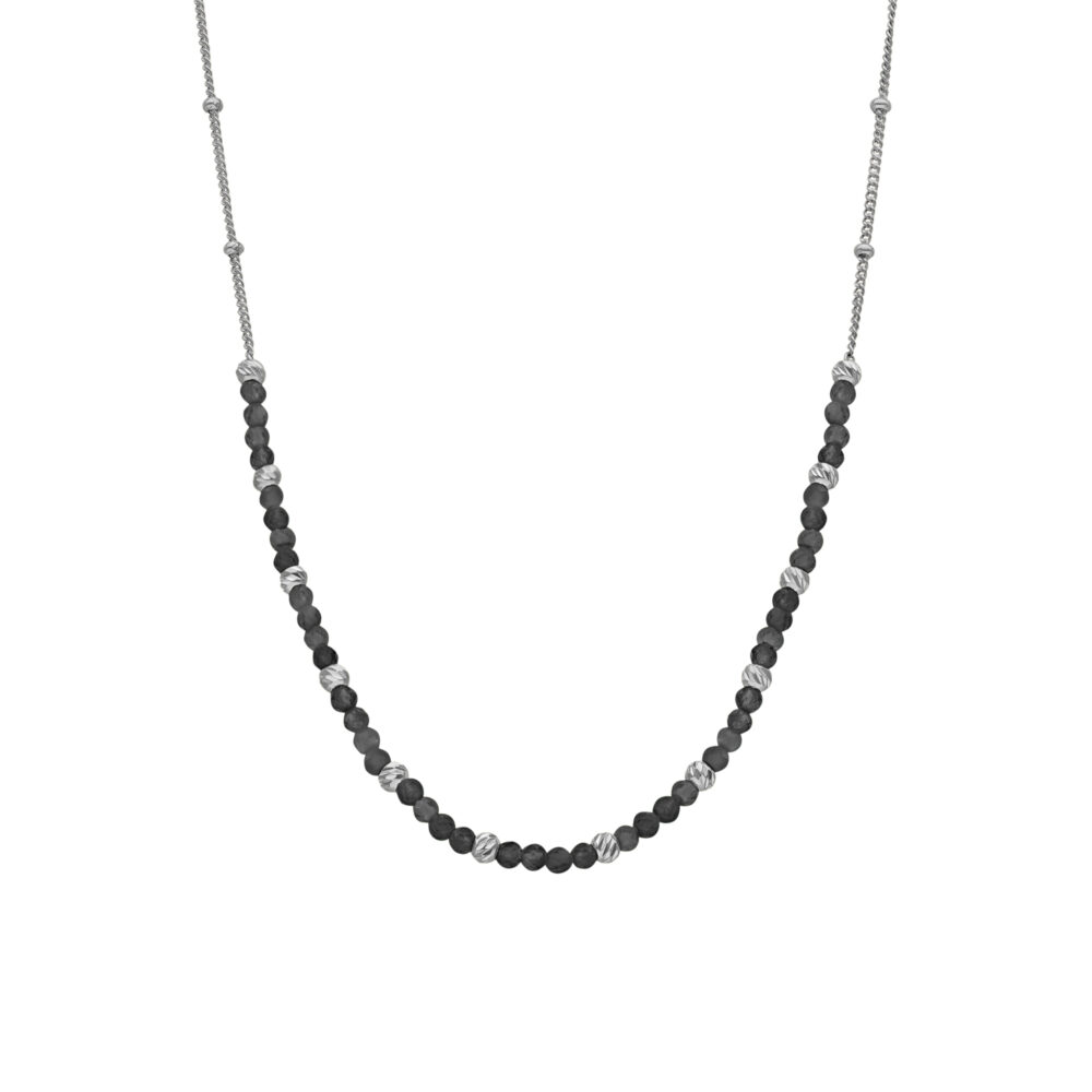 Collier argent rhodié perles rhodié et pierres spinelle noire