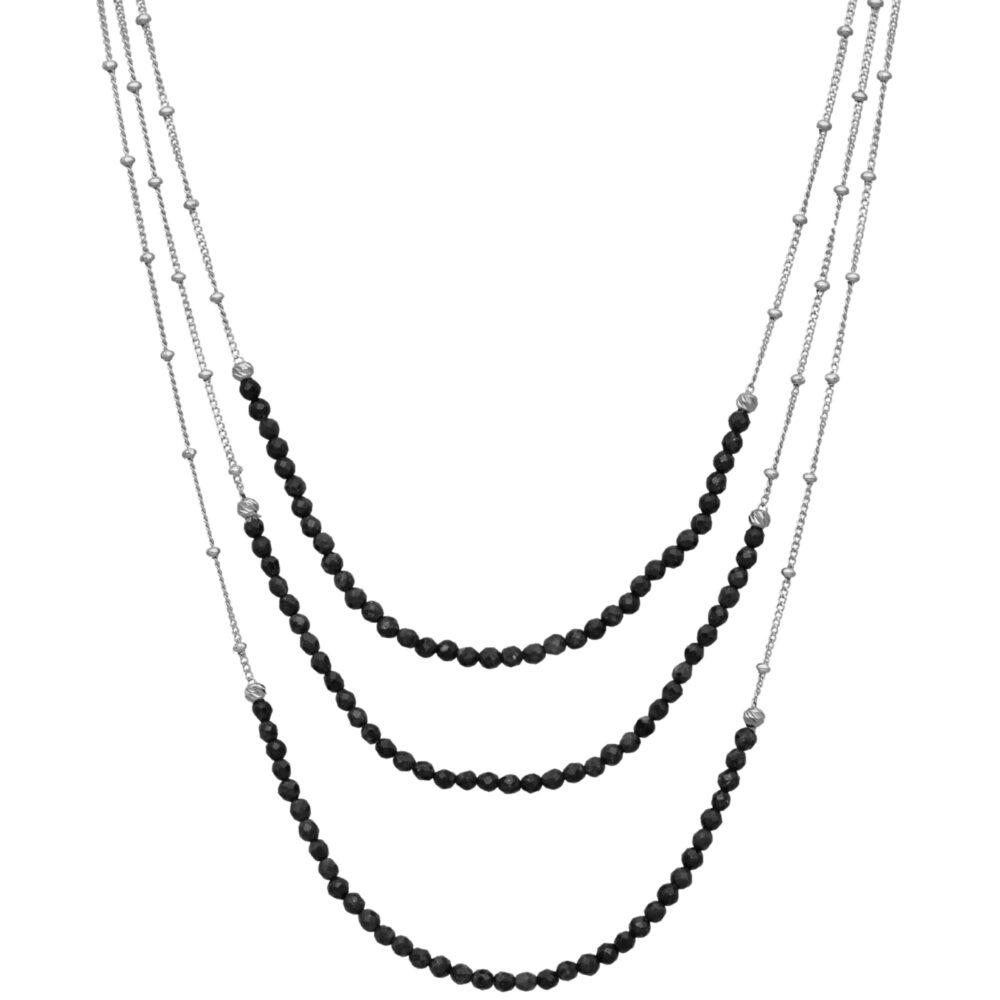 Collier argent rhodié trois chaines et pierres naturelles spinelle noires