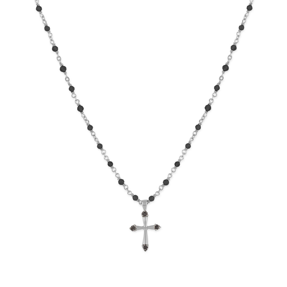 Collier argent rhodié croix et pierres naturelles noir