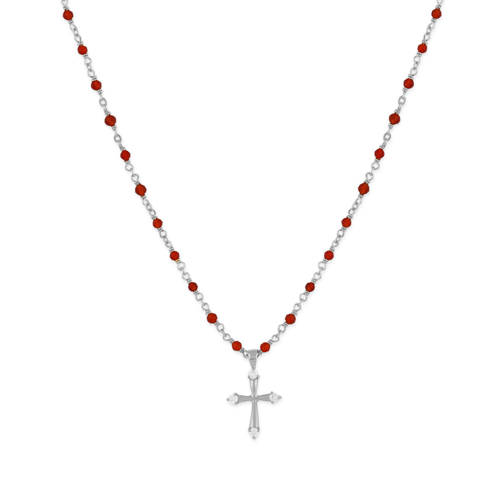 Collier argent rhodié croix et pierres naturelles onyx rouge