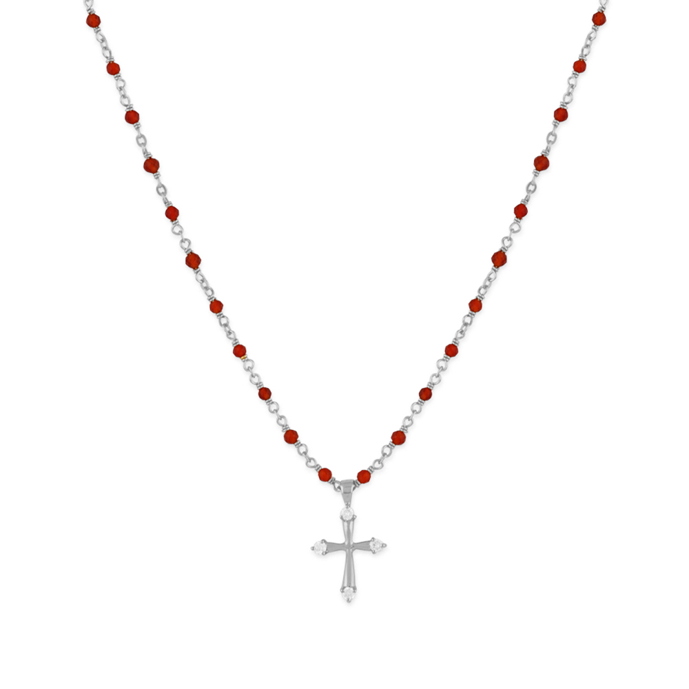 Collier argent rhodié croix et pierres naturelles onyx rouge