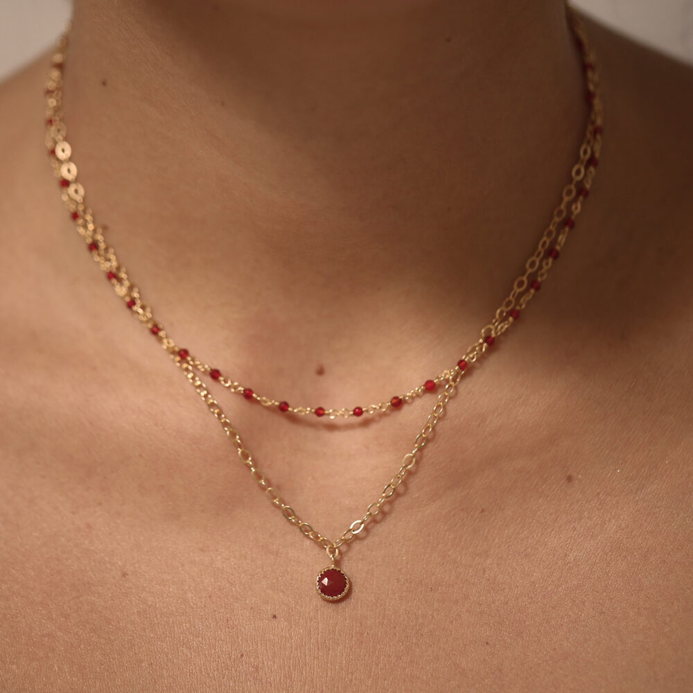 Alternative view of Collier argent rhodié double chaine et pierres naturelles noire