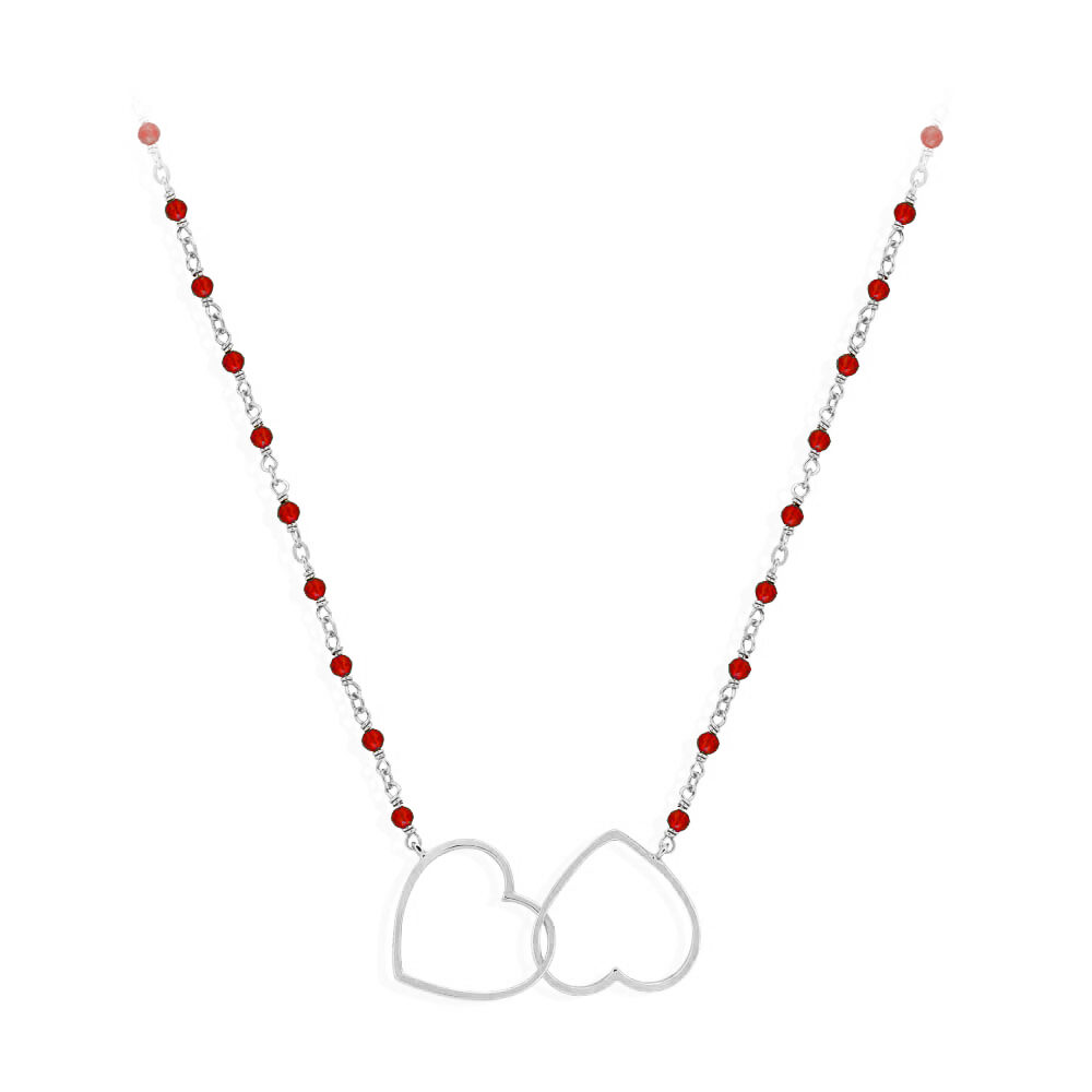 Collier argent rhodié double cœur et pierre rouge