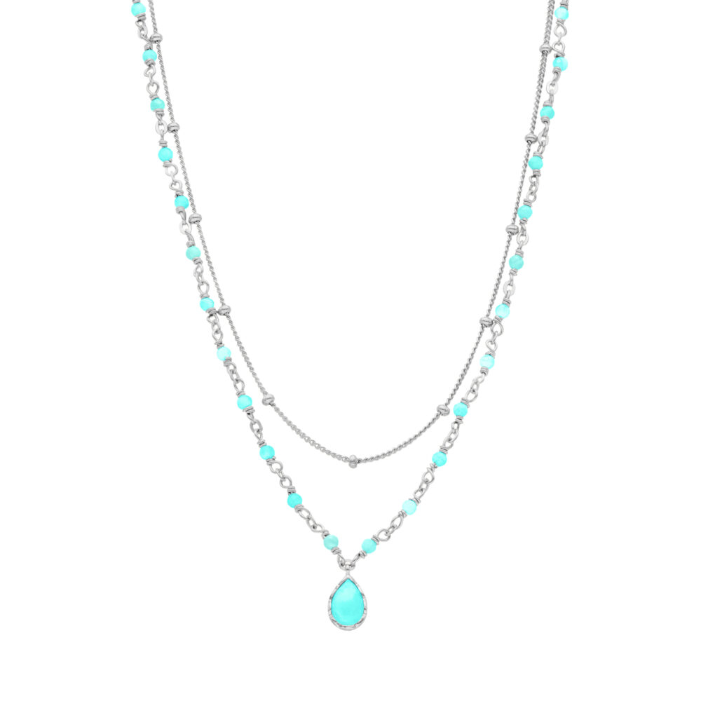 Collier argent rhodier goutte doubles chaînes pierres amazonite