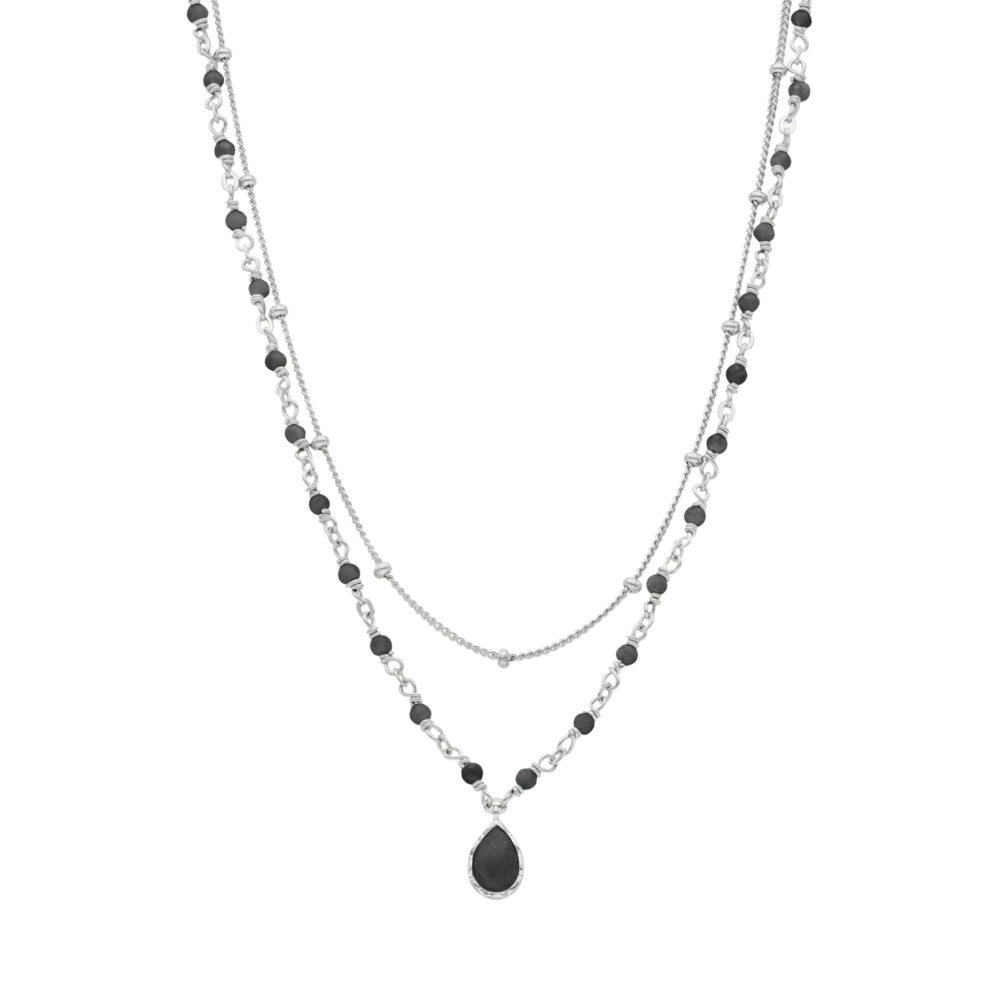 Collier argent rhodier goutte doubles chaînes pierres spinelle noire