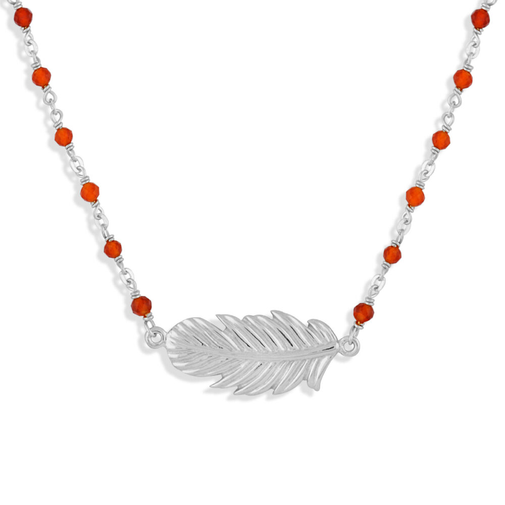 Collier argent rhodié plume et pierres onyx naturelles rouges