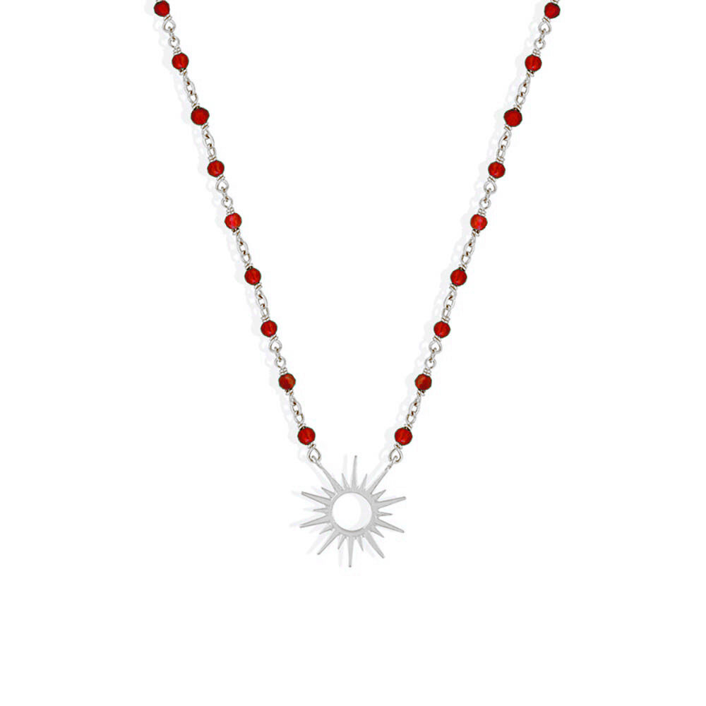 Collier argent soleil rhodié et pierre onyx rouge
