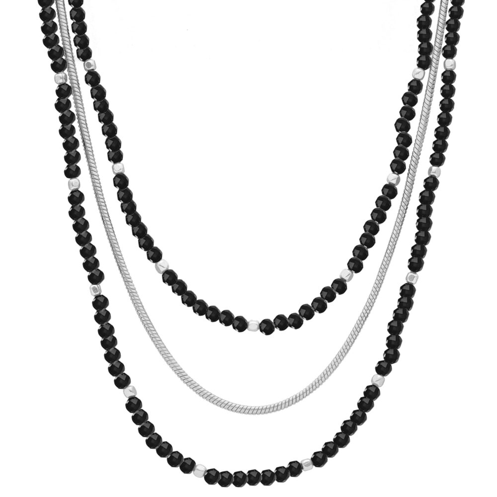Collier argent triples chaines rhodié et perles Spinelle noire