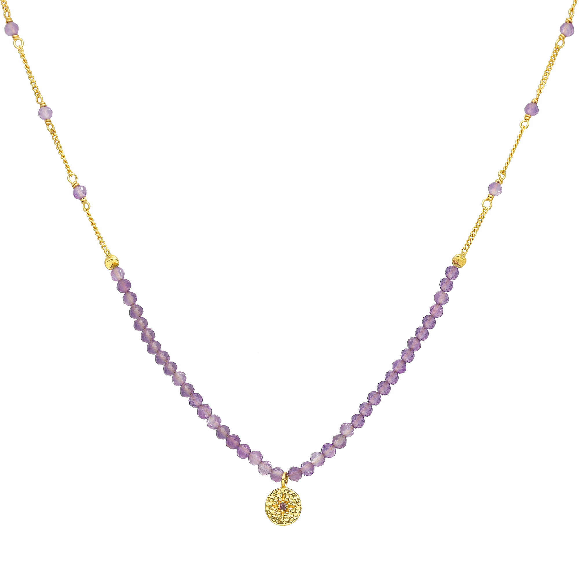 Collier chaîne argent doré avec perles d'amethyste et pampille