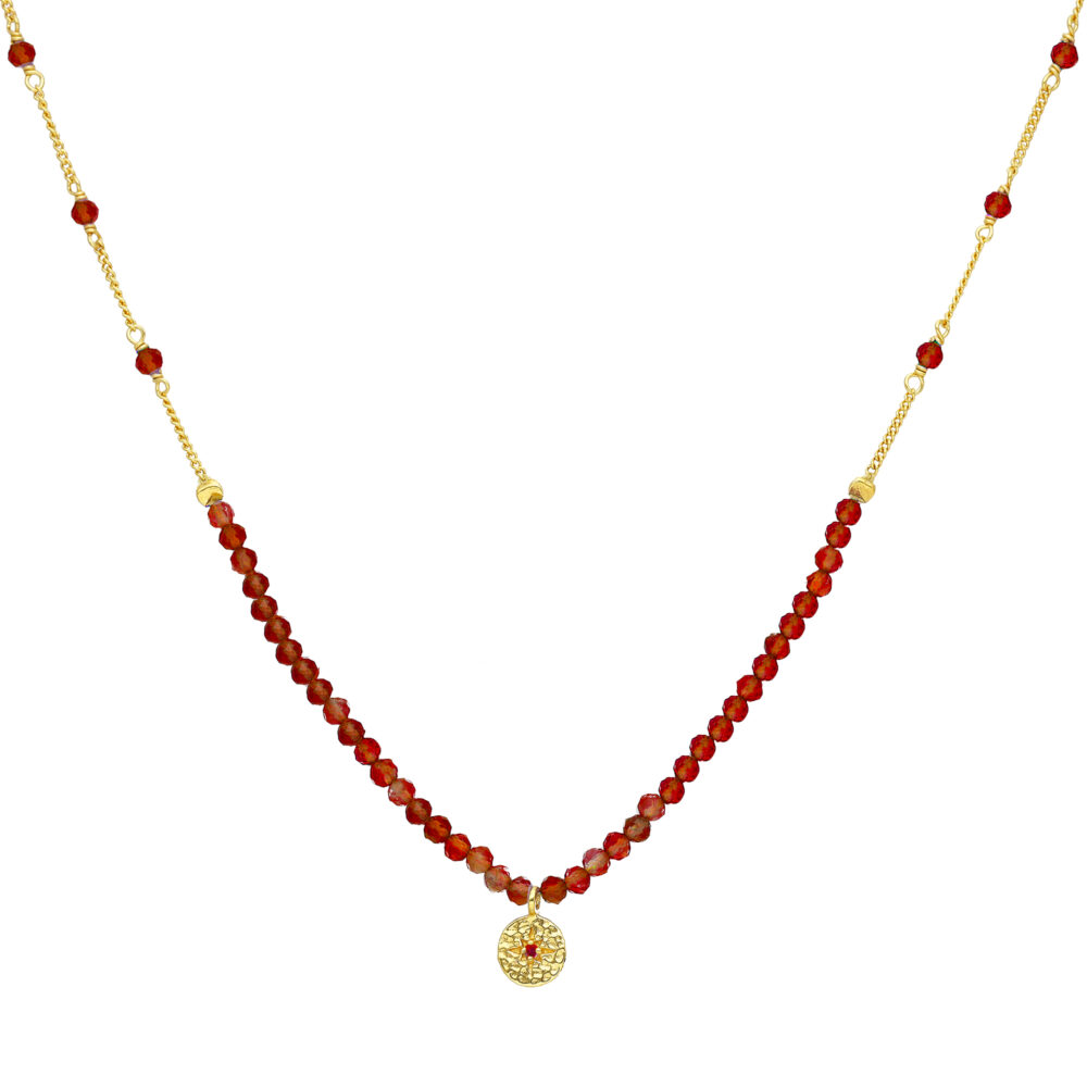 Collier chaîne argent doré avec perles d'onyx rouge et pampille