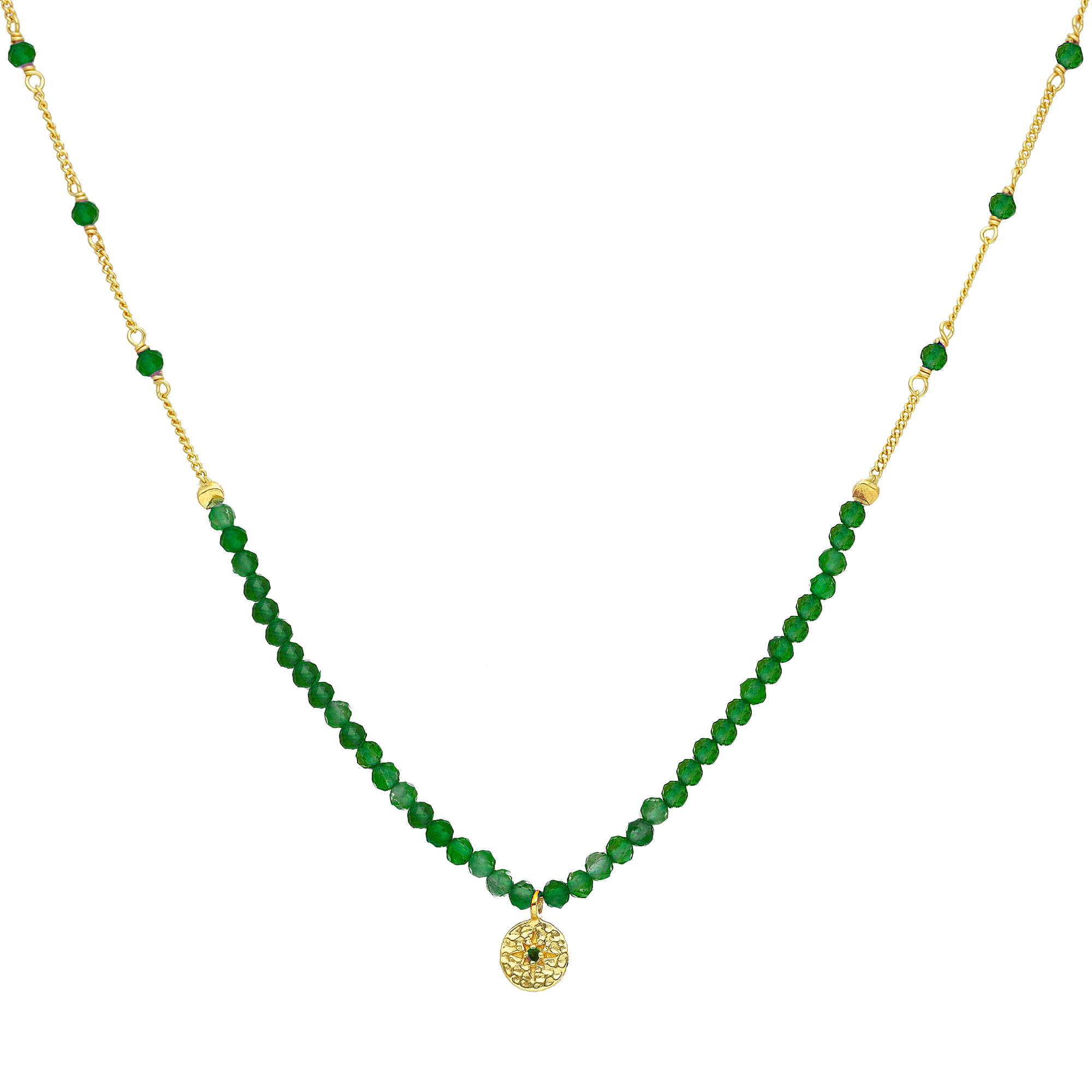 Collier chaîne argent doré avec perles de onyx vert et pampille