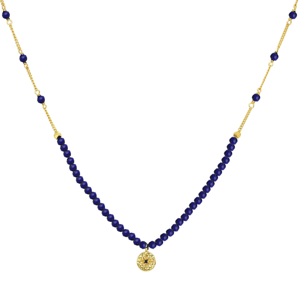 Collier chaîne argent doré avec perles lapis et pampille
