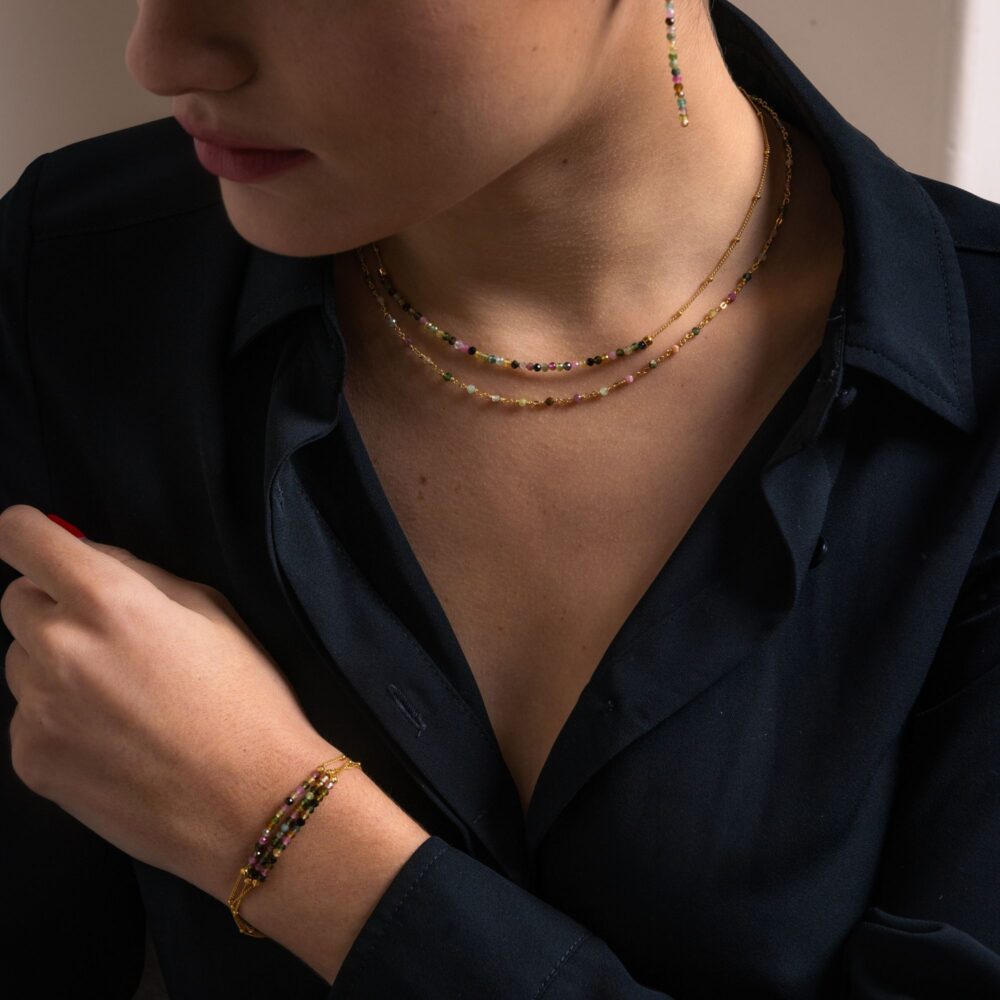 Alternative view of Bracelet argent doré triples chaînes pierres multi-tourmaline