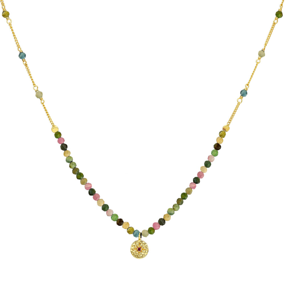 Collier chaîne argent doré avec perles tourmaline et pampille