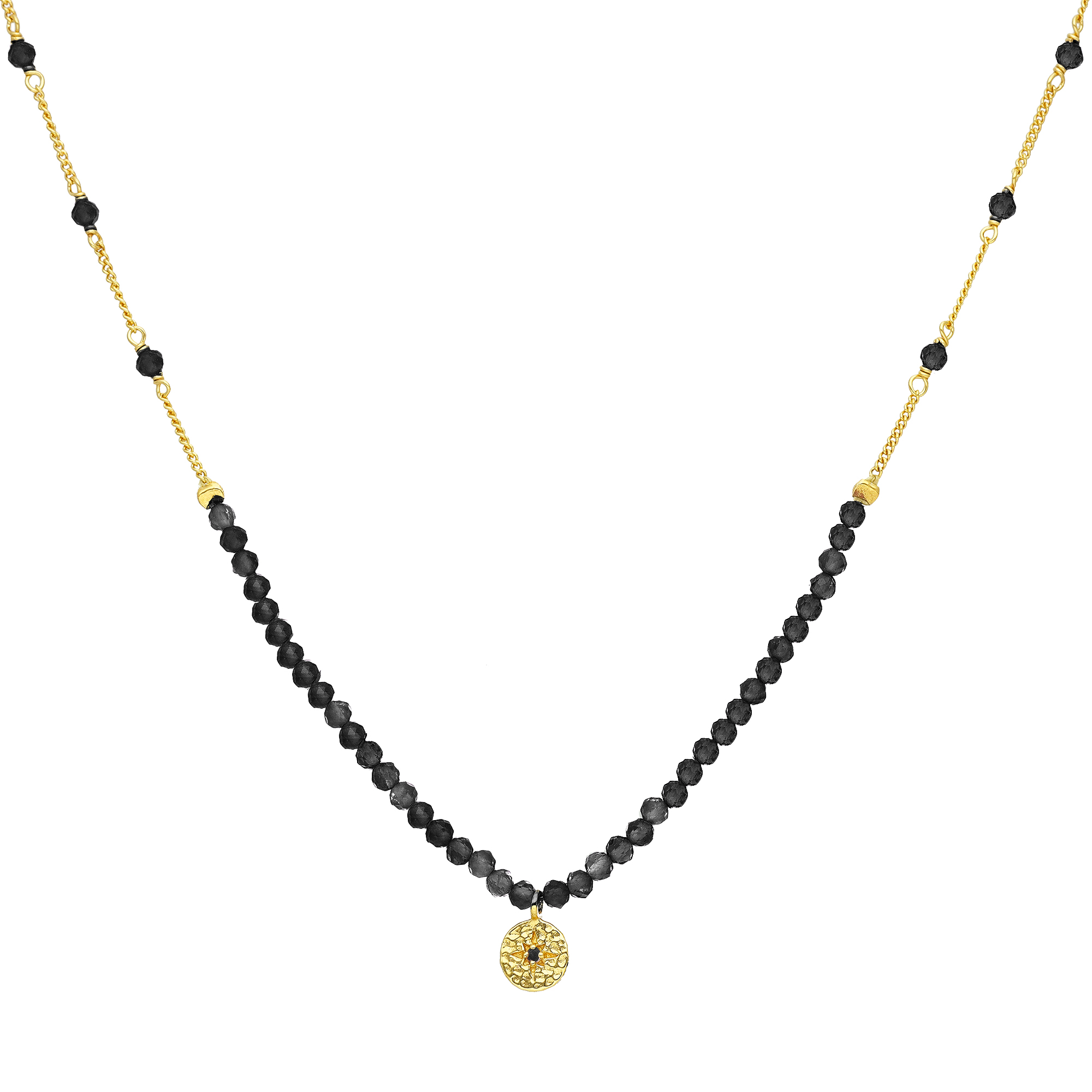 Collier chaîne argent doré avec pierres spinelle noir et pampille