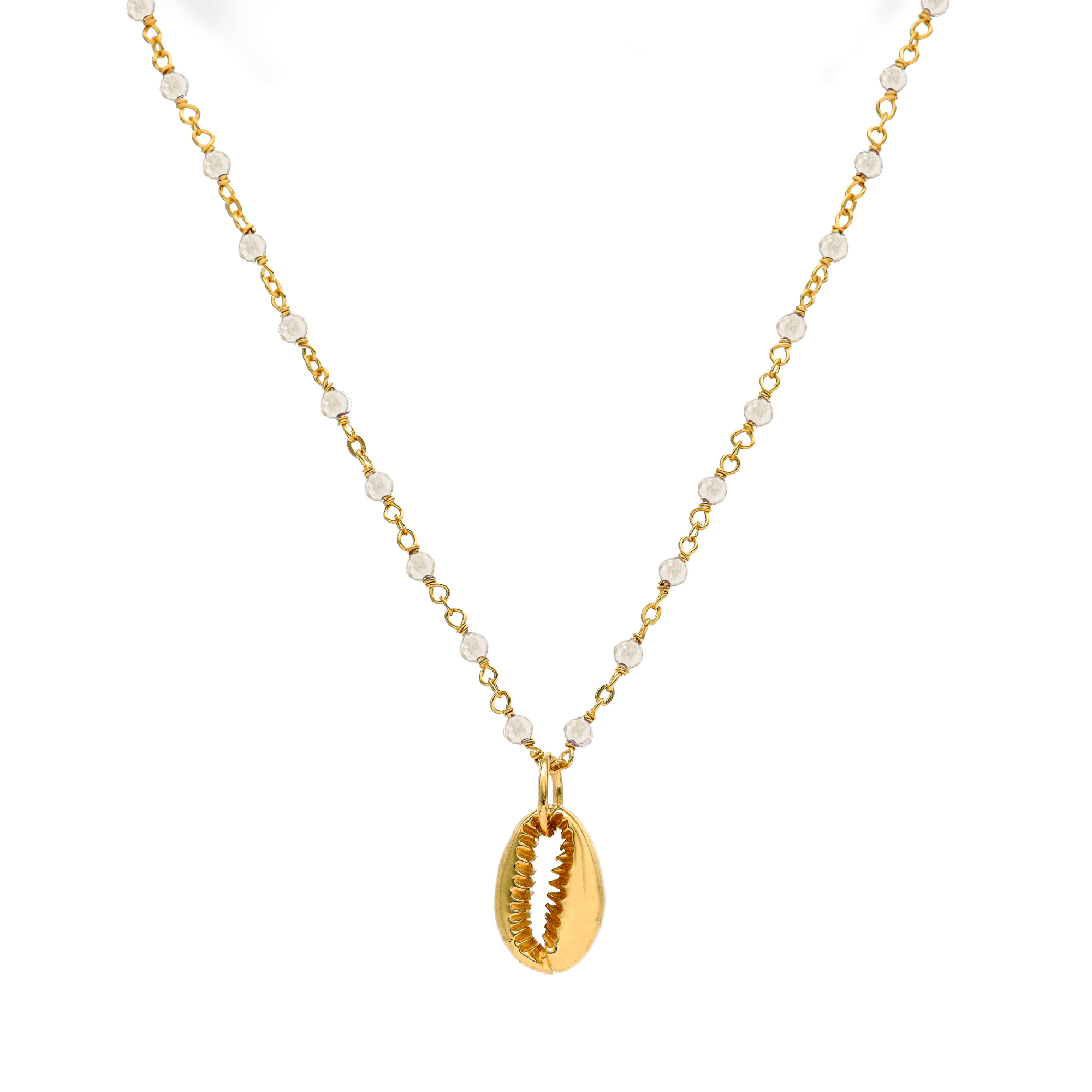 Collier chaine en argent doré avec pierres naturelles de lune blanc et coquillage
