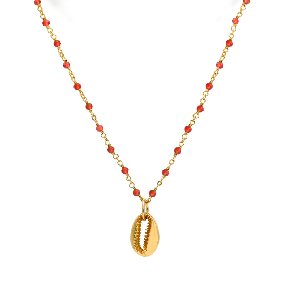 Collier chaine en argent doré avec pierres naturelles onyx rouge et coquillage